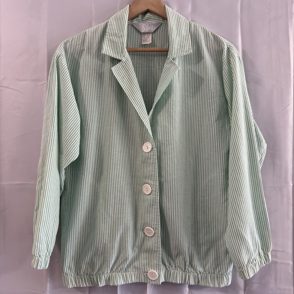 Vintage Blair Womens Seersucker Green Stripe Jacket Coat Button Grandma 6